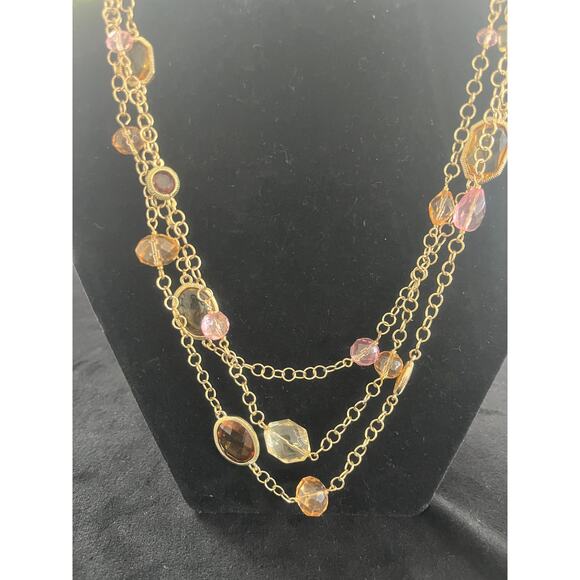 Fashionable Three Strand Gold necklace with Multicolor Stones - Picture 1 of 5